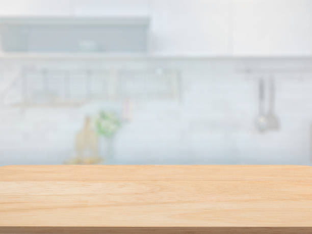 empty wood tabletop in kitchen. concept for montage your text or product - food stock pictures, royalty-free photos & images