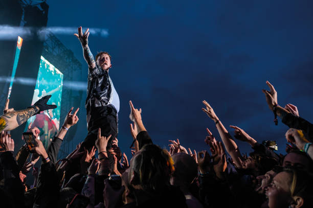 English punk rock musician Frank Carter performing live on stage during the Download Pilot festival at Donington Park in England, on June 18, 2021.