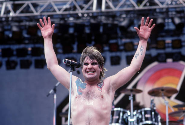 English vocalist, songwriter, actor and reality television star Ozzy Osbourne sings on stage during his Bark at the Moon Tour at the American Rock...