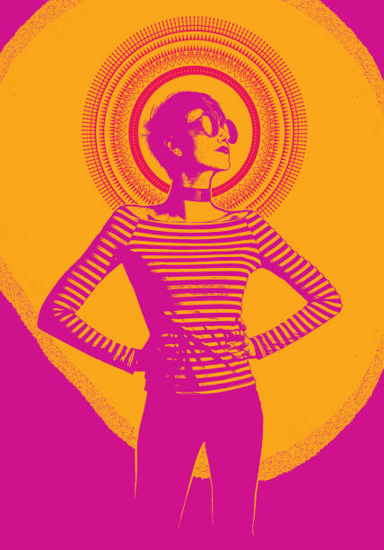 engraving illustration of a young woman with arms akimbo - fashion stock illustrations