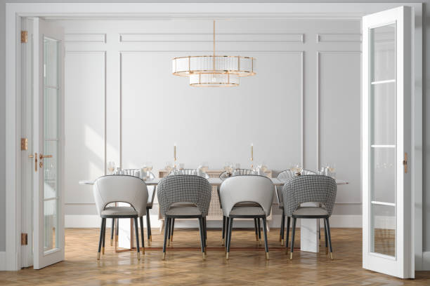 entrance of dining room with dining table, chairs and empty white wall in background - home decoration stock pictures, royalty-free photos & images