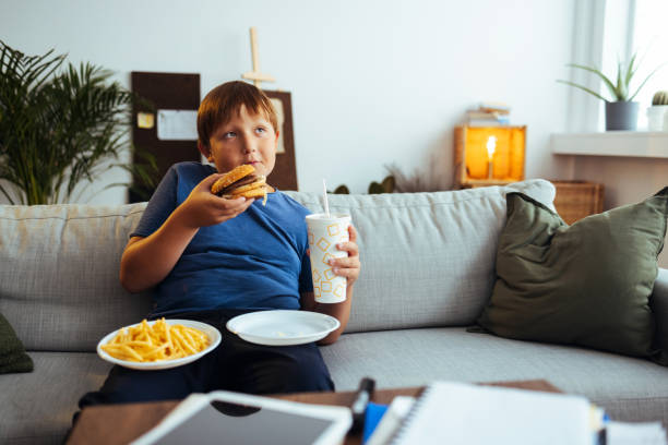 excited little boy ready to enjoy a delicious burger and fries - junk food stock pictures, royalty-free photos & images