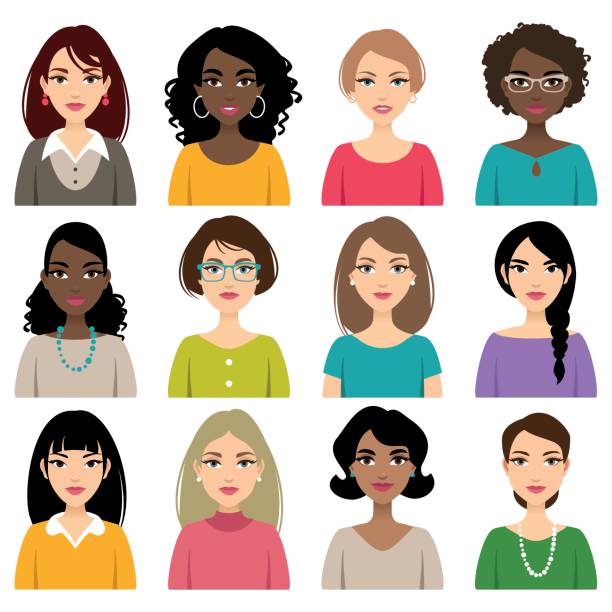 faces of different nation women - hairstyle stock illustrations