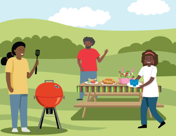 family celebrating juneteenth - garden decoration stock illustrations