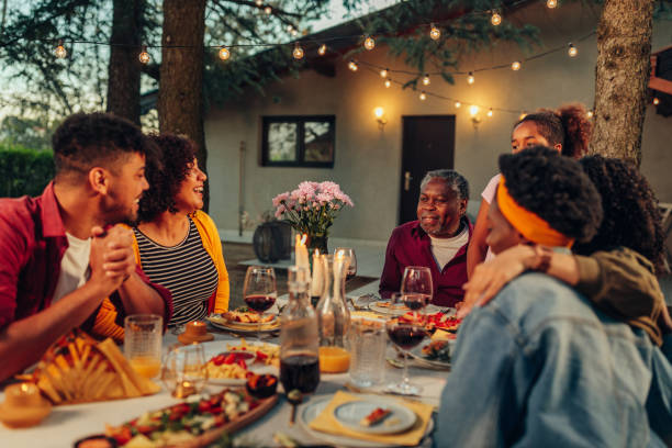 family gathering in countryhouse - garden decoration stock pictures, royalty-free photos & images