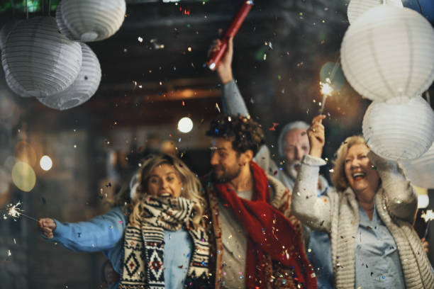 family new year party. - garden decoration stock pictures, royalty-free photos & images