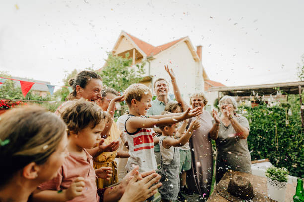 family party in the backyard - garden decoration stock pictures, royalty-free photos & images