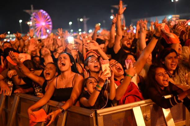 Fans of the Brazilian DJ Alok enjoy his concert on the Main stage of the Rock in Rio music festival at the Olympic Park in Rio de Janeiro, Brazil, on...