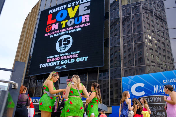 Fans wearing themed outfits take photos outside Madison Square Garden before the Harry Styles Love On Tour 2022 concert on August 21, 2022 in New...