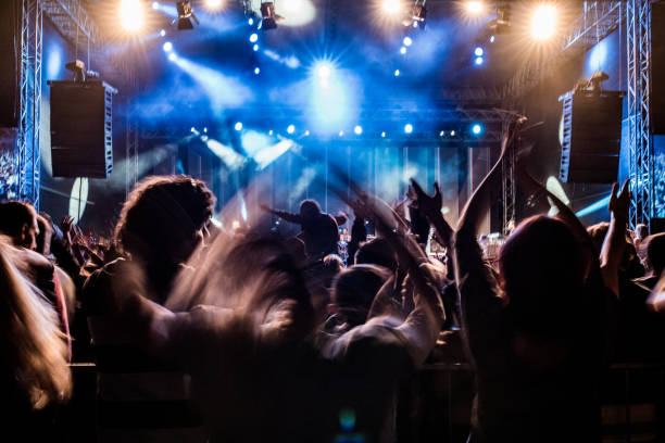 fans with raised arms enjoying concert, people on open-air music festival - concert stock pictures, royalty-free photos & images