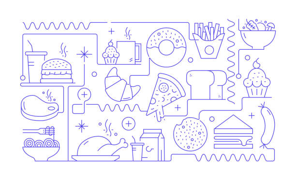 fast food related line banner design. pizza, hot dog, donut, street food, taco. - junk food stock illustrations