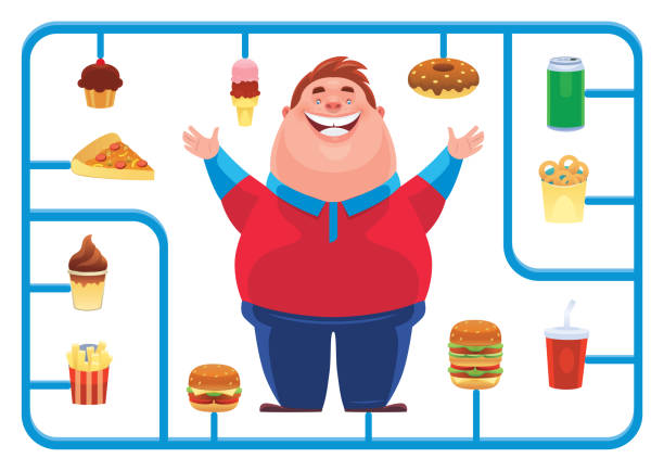 fat man with junk food model kit - junk food stock illustrations