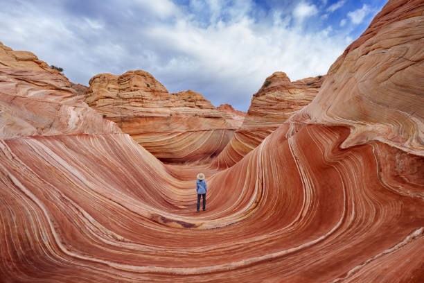 female hiker in coyote buttes north, vermilion cliffs national monument, arizona - travel stock pictures, royalty-free photos & images