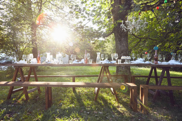 festive decorated table outdoors - garden decoration stock pictures, royalty-free photos & images