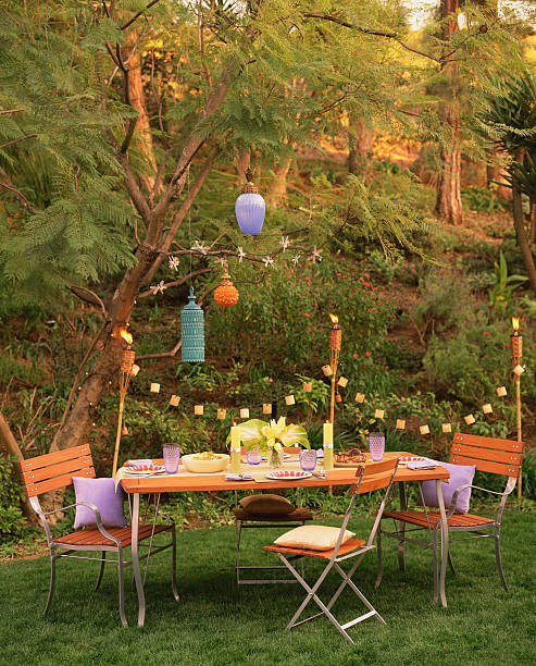 festive outdoor table setting - garden decoration stock pictures, royalty-free photos & images