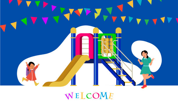 first day of kindergarten,happy children together.vector illustration of the cute girls playing with children slide palyground.back to school. - garden decoration stock illustrations