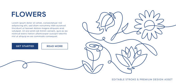 floral elements illustration. continuous line art of various flowers and leaves - garden decoration stock illustrations