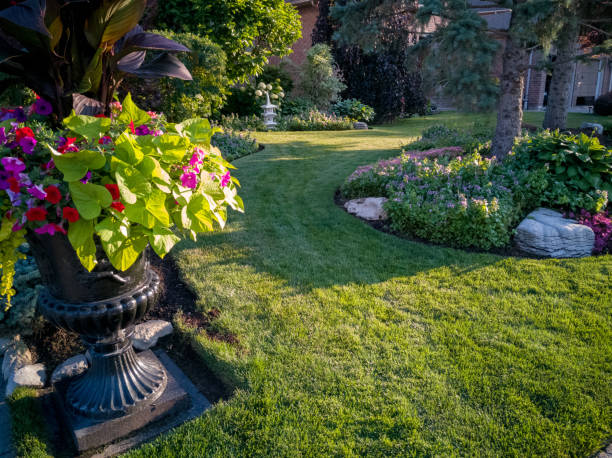 flower pot and courtyard at dusk in woodbridge town, vaughan, canada - garden decoration stock pictures, royalty-free photos & images
