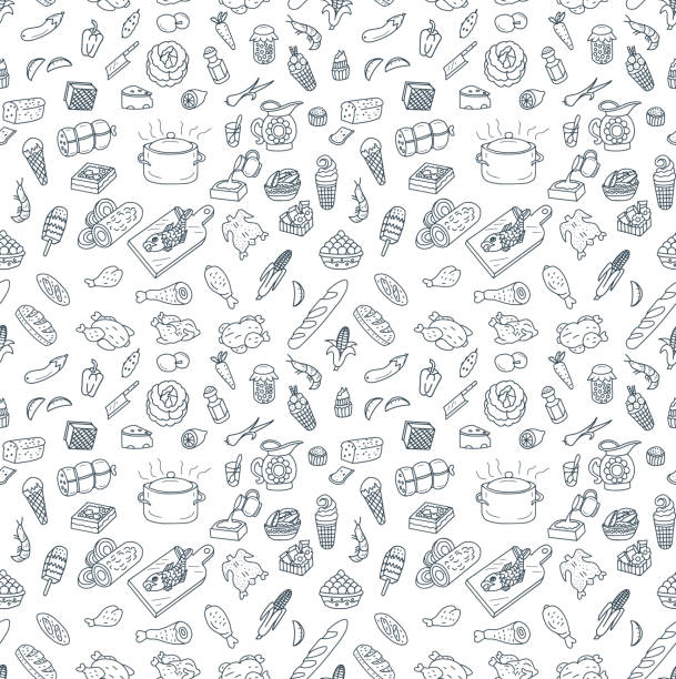 food and cooking seamless pattern doodles - food stock illustrations