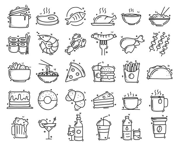 food and drink related objects and elements. hand drawn vector doodle illustration collection. hand drawn icons set. - food stock illustrations