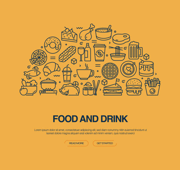 food and drink related vector banner design concept. global multi-sphere ready-to-use template. web banner, website header, magazine, mobile application etc. modern design. - junk food stock illustrations