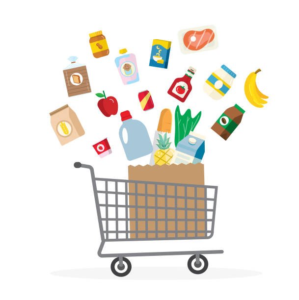 food and grocery rising inflation prices concept grocery cart and food going upward on white background - food stock illustrations