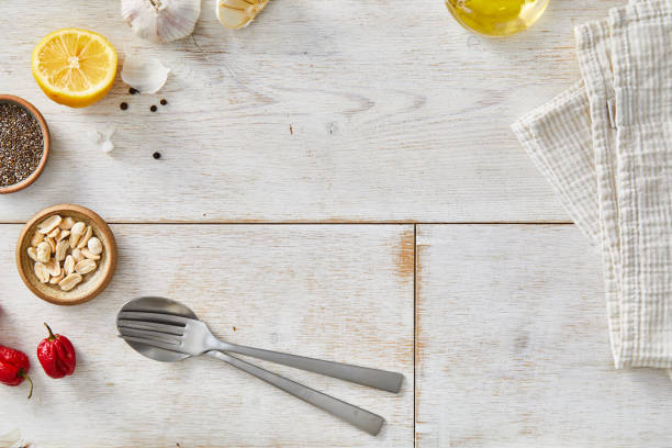 food preparation background table top - food stockfoto's en -beelden