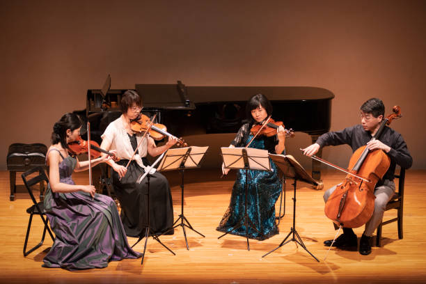 four musicians playing violin and cello at classical music concert - concert stock pictures, royalty-free photos & images
