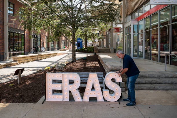 Foxborough, MA Joe Ackil, owner of Alpha-Lit, installs lighting for the Eras Taylor Swift tour in Patriot Place shopping mall.