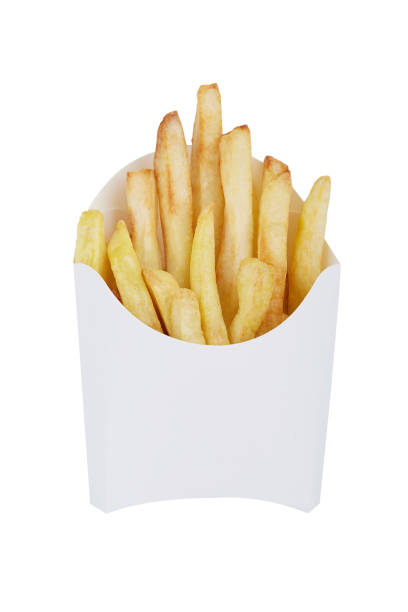 french fries in a white disposable box, isolated on white background - junk food stock pictures, royalty-free photos & images