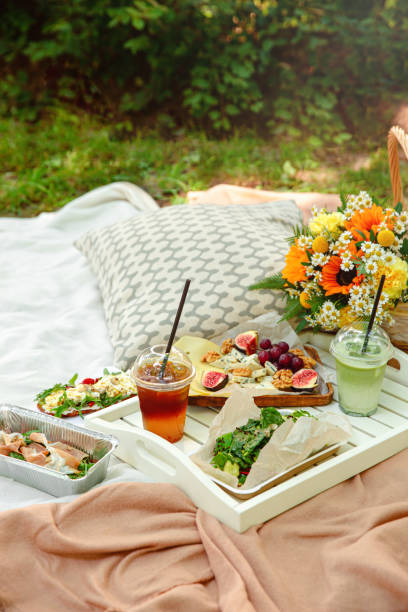 french style outdoor picnic with cheese, fruits and drinks. copy space. - food stock pictures, royalty-free photos & images