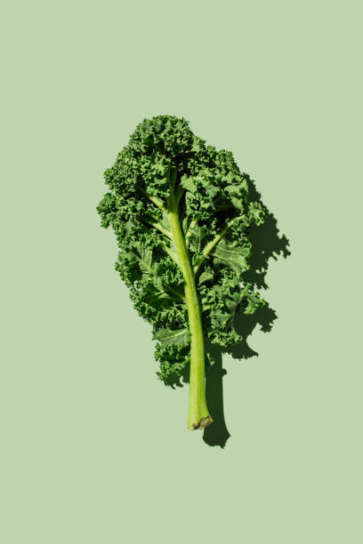 fresh green organic kale leaves on green background. healthy food, diet and detox concept. flat lay, top view - food stock pictures, royalty-free photos & images