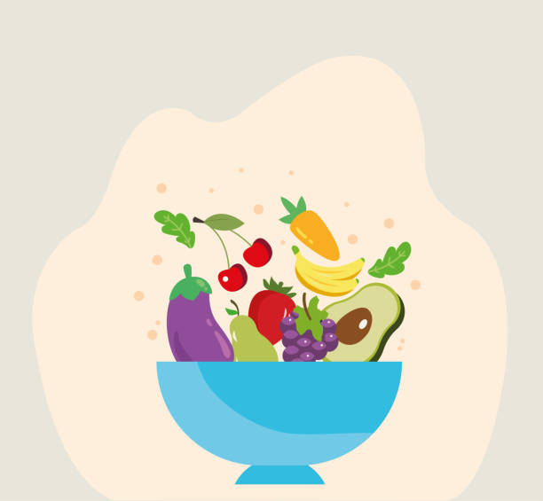 fresh summer fruits and vegetables of greens, berries and vegetables sprinkled in a deep plate. . vector realistic illustration isolated on white and pink background. illustration of ripe vegetables and sweet fruits on a blue