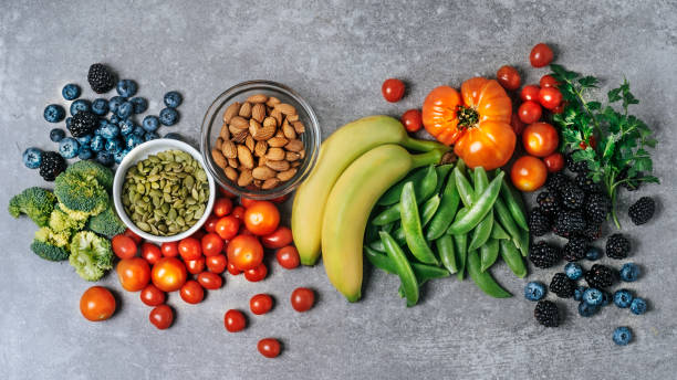 fresh vegetables, fruits, and nuts - food stock pictures, royalty-free photos & images