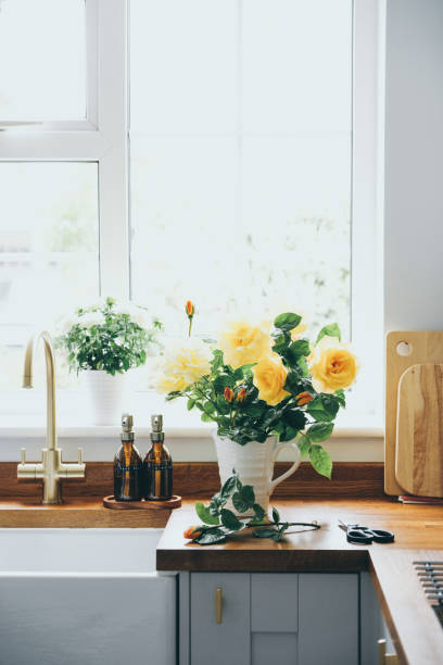 freshly cut yellow roses from the garden - garden decoration stock pictures, royalty-free photos & images