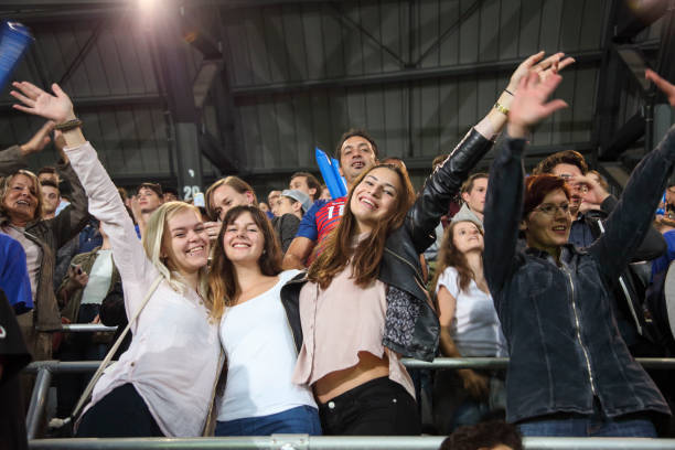 freunde in der menge auf einem stadion - concert stock-fotos und bilder