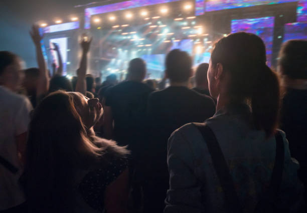 friends at rock concert dancing and enjoying music - concert stock pictures, royalty-free photos & images