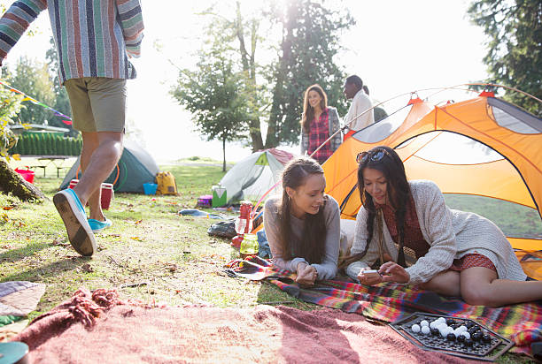 friends hanging out relaxing at music festival - concert stockfoto's en -beelden