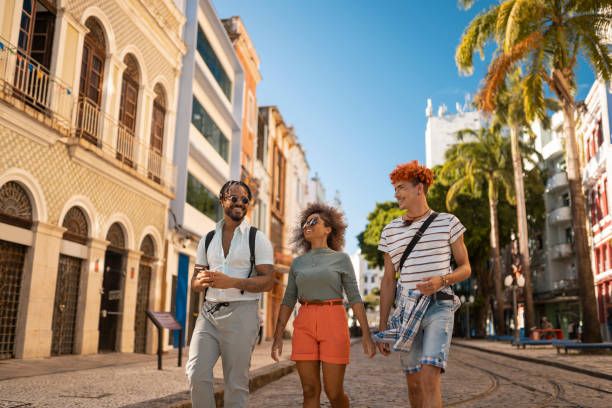 friends walking on rua do bom jesus in recife city - travel stock pictures, royalty-free photos & images
