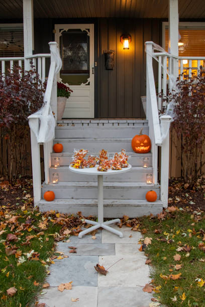 front of house decorated for halloween - home decoration stock pictures, royalty-free photos & images