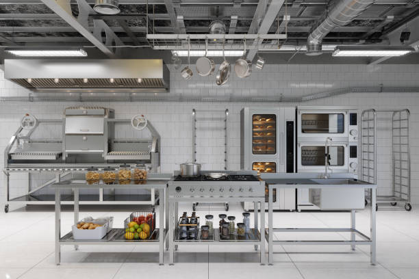 front view of modern industrial kitchen interior with kitchen utensils, equipment and bakery products - food stock pictures, royalty-free photos & images