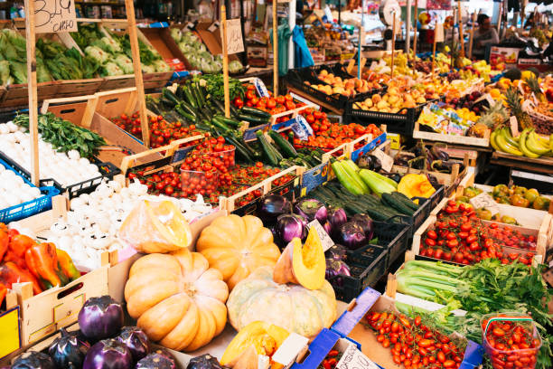 fruit and vegetables on a market stall in palermo - food stock pictures, royalty-free photos & images