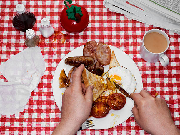 full english breakfast with tea - junk food stock pictures, royalty-free photos & images