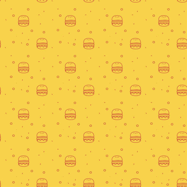 fun and modern seamless pattern of a cheese burger or hamburger on a funky bright orange background stock illustration - food stock illustrations