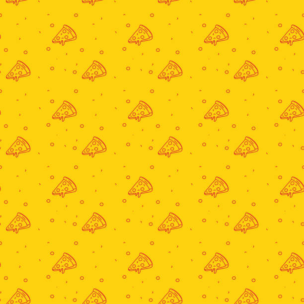 fun and modern seamless pattern of a pizza on a funky bright orange background - junk food stock illustrations