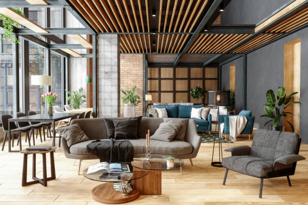furniture showroom with plants, spotlights and brick wall - home decoration stock pictures, royalty-free photos & images