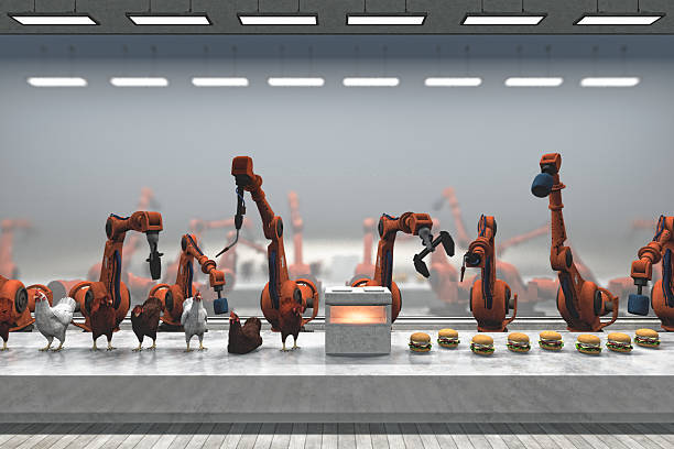 futuristic chicken burger food processing plant with robots - food stock pictures, royalty-free photos & images