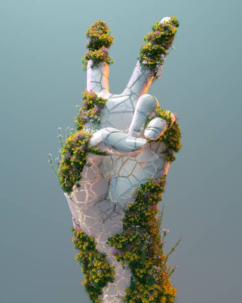 futuristic human hand covered by flowers pattern. - fashion stock pictures, royalty-free photos & images