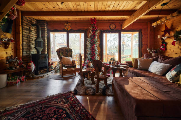 gemütliches wohnzimmer am weihnachtstag! - home decoration stock-fotos und bilder