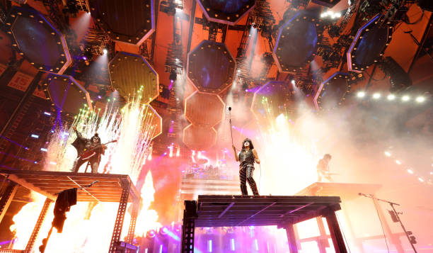 Gene Simmons, Eric Singer, Tommy Thayer and Paul Stanley of KISS perform during the final show of KISS: End of the Road World Tour at Madison Square...